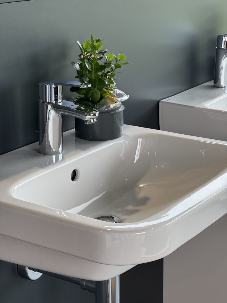 Moderner Waschtisch mit glänzender Chromarmatur und dekorativer Pflanze vor anthrazitfarbener Wand